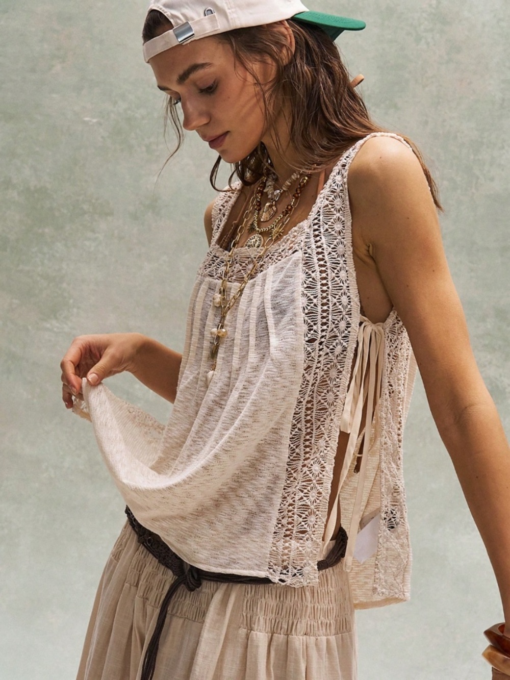 Cream Lace Detailed Split Tie Sides, See Through Tank Top